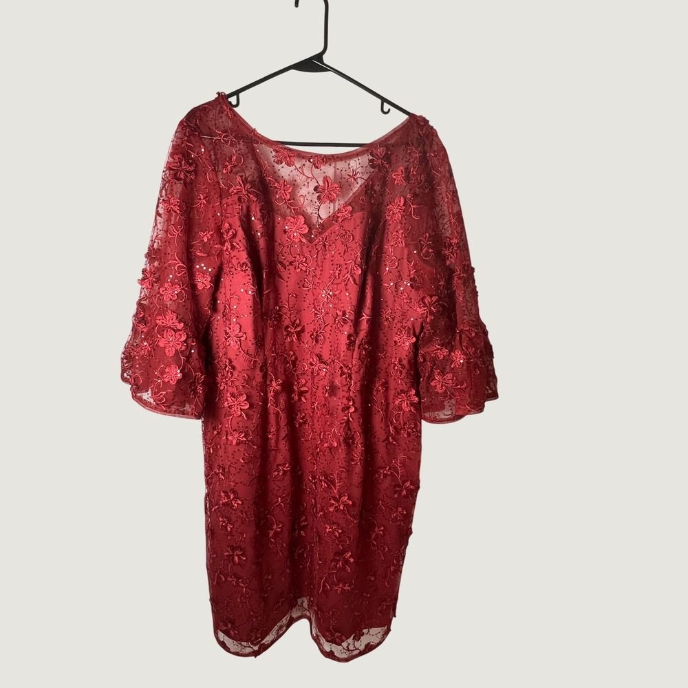 Adrianna Papell Red Sequin Embroidery Sheath Dress 18W AP1D104583 Bell Sleeve